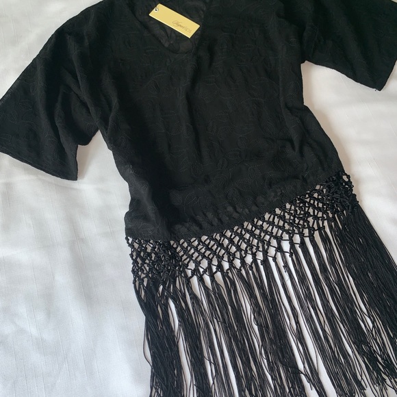 NWT fun black sheer blouse with fringe, XS & M - Picture 3 of 5